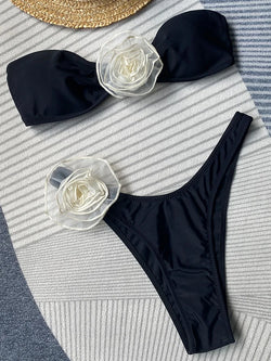3D Blumen Bikini Damen – Bandeau Zweiteiler mit Low Waist