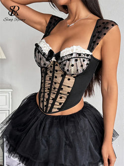 SINGREINY Polka-Dot Korsett Top – Rückenfreies Mesh-Top mit Spitze & Schleifen