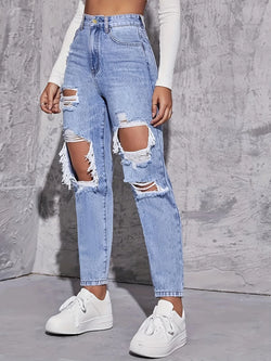 CPSYMYM Amerikanische Retro-Jeans mit Locher für Damen, hohe Taille, gerader Schritt, lockeres, schlankes Design, High-Street-Vibe, weitbeiniger Draggi