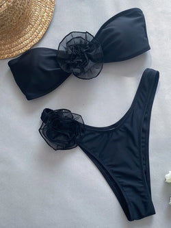 3D Blumen Bikini Damen – Bandeau Zweiteiler mit Low Waist