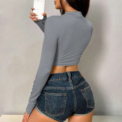 Damen Crop Top mit Cut-Outs – Kurzarm, Rundhalsausschnitt & figurbetonte Streetwear
