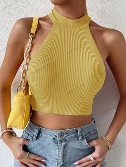 Rippstrick Halter Crop Top – Sexy Rückenfreies Basic Top im Y2K-Stil