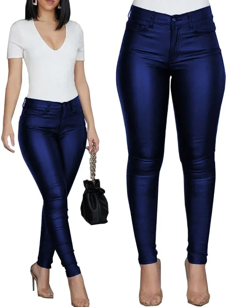 Mid Waist Leather-Look Pants – Figurbetonte Bleistifthose