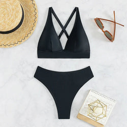 Einfarbiger Bikini mit hoher Taille – Zweiteiliges Set in Schwarz, Weiß oder Rosa