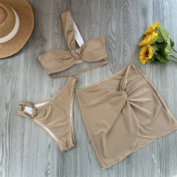 3-teiliges One-Shoulder Bikini Set – Sexy Damen-Bademode mit Schnürung & Strandrock