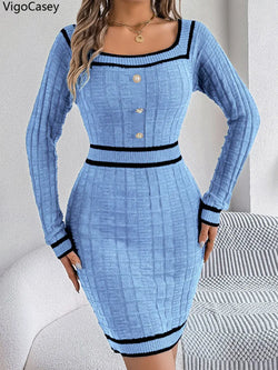 VigoCasey 2023 Frauen Blau Bodycon Strickkleid Herbst Winter Casual Langarm Kleid Dame Casual Square Neck Gestrickte Kleider