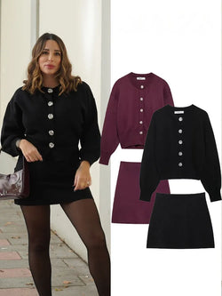 Zweiteiler Damen – Retro Strickjacke & Minirock im Slim Fit