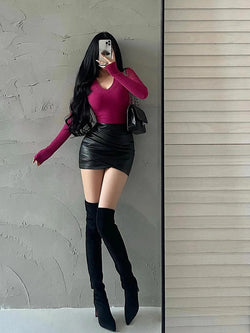Sexy Kunstleder-Minirock mit Rüschen – Figurbetonter High-Waist Rock im A-Linien-Stil
