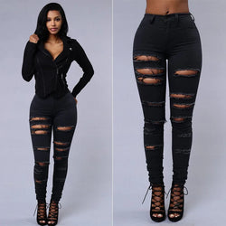 High Waist Ripped Skinny Jeans – Schwarze Denim mit Cut-Outs