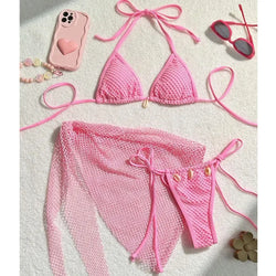 Sexy 3-teiliges Brazilian Bikini Set – Damen Push-Up Badeanzug mit Strandrock & Low-Waist Slip
