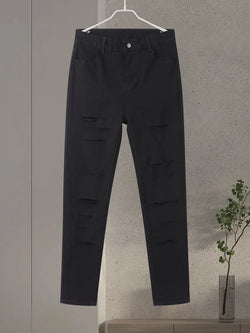 High Waist Ripped Skinny Jeans – Schwarze Denim mit Cut-Outs