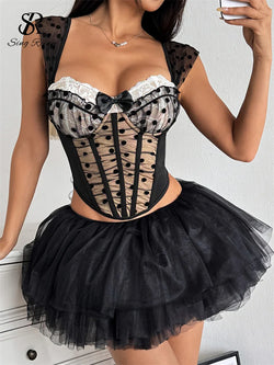 SINGREINY Polka-Dot Korsett Top – Rückenfreies Mesh-Top mit Spitze & Schleifen