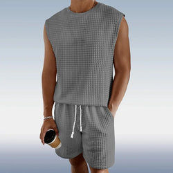 Männer Kurze Sets Casual Oansatz Ärmellose Waffel Westen Tops & Hohe Elastische Taille Kordelzug Breite Bein kurze Anzüge CBFS-2447
