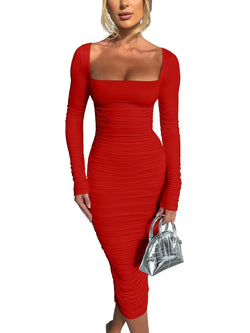 Sexy figurbetontes Kleid mit quadratischem Ausschnitt – Langarm & elegant