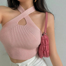 Rippstrick Cross-Neck Crop Top – Sexy Rückenfreies Stricktop mit Cut-Out Design