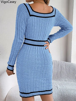 VigoCasey 2023 Frauen Blau Bodycon Strickkleid Herbst Winter Casual Langarm Kleid Dame Casual Square Neck Gestrickte Kleider