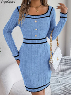 VigoCasey 2023 Frauen Blau Bodycon Strickkleid Herbst Winter Casual Langarm Kleid Dame Casual Square Neck Gestrickte Kleider