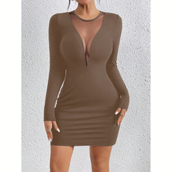 Sexy Bodycon Mini Kleid mit Mesh-Ausschnitt – Figurbetont & Langarm