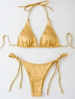 Metallic Satin Bikini Damen – Wrap Around Halter Zweiteiler