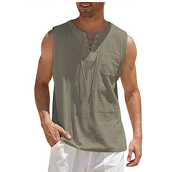 New Men's Sleeveless Shirt Lace-Up Cotton And Linen Short Sleeve T-Shirt