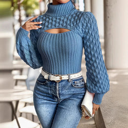 Damen Rollkragen-Strickpullover mit Hohlmuster – Cable Knit Design