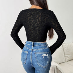 Sexy Schwarzes Langarm-Oberteil – Transparenter Slim-Fit Stil