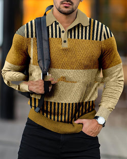 New Long Sleeve 3D Stripe Lapel Comfortable Casual Men's Fashion Polo Shirt