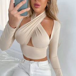 Elegantes Damen Oberteil mit Kreuzkragen – Slim Fit Langarm Shirt