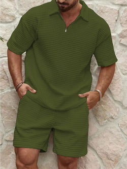 Men's Summer Casual Plaid Jacquard Weave Zip Short Sleeve Suit