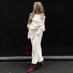Modisches Zweiteiler-Set – Strick-Off-Shoulder-Oberteil &amp; Rock