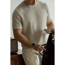 American Retro Waffle Drape Round Neck Short Sleeve T-shirt